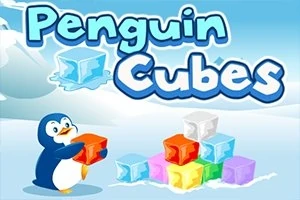 En tegneseriepingvin holder en orange isterning foran en bunke af farvede isterninger med teksten Penguin Cubes i baggrunden