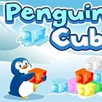 En tegneseriepingvin holder en orange isterning foran en bunke af farvede isterninger med teksten Penguin Cubes i baggrunden