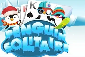 Koloreret illustration af pingviner i vintertøj foran spillekort og teksten PENGUIN SOLITAIRE i is-blok bogstaver