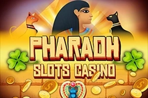 Farao-slotmaskine-tema med en egyptisk figur, to katte, gyldne mønter og firkløvere