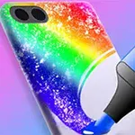 En smartphone-cover bliver dekoreret med en regnbuestribet markør på en flerfarvet baggrund