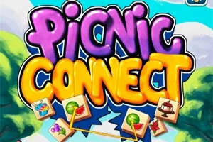 Farverig grafik med teksten Picnic Connect omgivet af billeder af mad og drikke på en baggrund af blå himmel og grønne træer