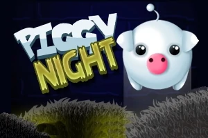 Sødt, rundt, hvidt tegneseriekarakter med store øjne og en lyserød tryne ved siden af teksten PIGGY NIGHT