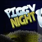 Sødt, rundt, hvidt tegneseriekarakter med store øjne og en lyserød tryne ved siden af teksten PIGGY NIGHT