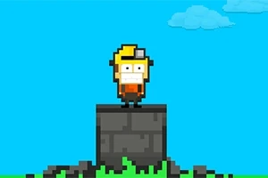 Pixel-karakter med hjelm stående på en stenblok med blå himmel og skyer i baggrunden