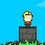 Pixel-karakter med hjelm stående på en stenblok med blå himmel og skyer i baggrunden