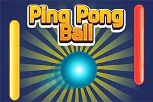 En blå kugle i midten omgivet af gule og røde lodrette stænger med teksten Ping Pong Ball øverst