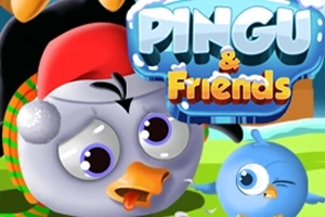 Tegneserieinspirerede fuglefigurer med store øjne og tekst øverst med titlen PINGU & Friends