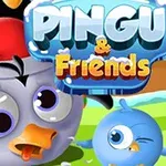 Tegneserieinspirerede fuglefigurer med store øjne og tekst øverst med titlen PINGU & Friends