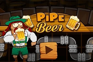 En tegneseriefigur i traditionelt bayersk tøj med en ølkrus foran et rør-tema med teksten Pipe Beer