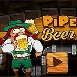 En tegneseriefigur i traditionelt bayersk tøj med en ølkrus foran et rør-tema med teksten Pipe Beer