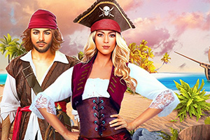 To pirater med farverige kostumer og en tropisk ø baggrund med palmer og hav