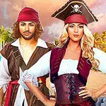 To pirater med farverige kostumer og en tropisk ø baggrund med palmer og hav