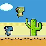 Pixelkunstbillede med tre farverige dinosaurer, der hopper over kaktusser i en ørken under en blå himmel med en sky