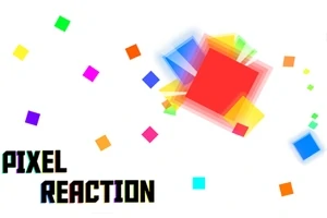 Farverige firkanter i forskellige størrelser spredt på en hvid baggrund med teksten Pixel Reaction i venstre hjørne