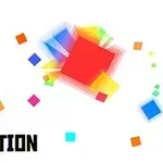 Farverige firkanter i forskellige størrelser spredt på en hvid baggrund med teksten Pixel Reaction i venstre hjørne