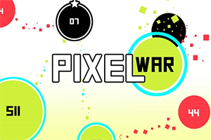 Farverigt design med cirkler og firkanter omkring teksten Pixel War