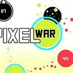 Farverigt design med cirkler og firkanter omkring teksten Pixel War