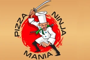 En tegneseriefigur af en pizzabager i hvidt kokketøj og hat poserer som en ninja, svingende en samuraisværd foran en rød cirkel, omgivet af teksten Pizza Ninja Mania