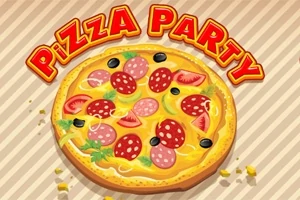En tegning af en pizza med forskellige toppings som pepperoni, tomat, oliven og basilikum, med teksten Pizza Party ovenfor