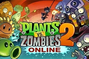 Farverige tegneseriefigurer af planter og zombier med teksten Plants vs