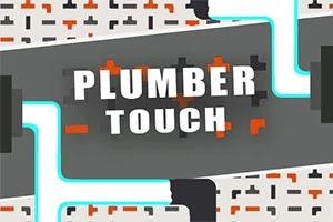 En grå baggrund med teksten PLUMBER TOUCH omgivet af farvede rør og pixelmønstre