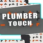 En grå baggrund med teksten PLUMBER TOUCH omgivet af farvede rør og pixelmønstre