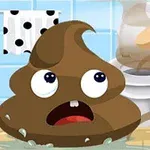En brun tegneserieafføring med ansigt ser overrasket ud ved siden af et toilet og en pegede finger i et badeværelse