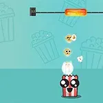 En tegneserieagtig popcornbeholder med glade udtryk, hvor popcorn springer ud mod en varm rød varmelegeme ovenfor på en turkis baggrund med popkornikoner