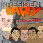 Karikaturtegninger af forskellige personer med teksten PRESIDENT PARTY ovenfor