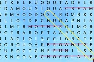 Bogstaver arrangeret i et krydsordslignende gitter med et ord fremhævet i gul
