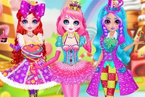 Tre farverige figurer med festlige kostumer, herunder kjoler med lyse nuancer og accessories som kroner og hatte, står foran en eventyrlig baggrund