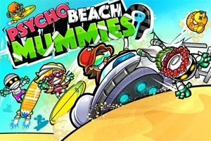 Farverige, tegneserieagtige figurer i strandtema omgiver en UFO, mens teksten Psycho Beach Mummies svæver øverst