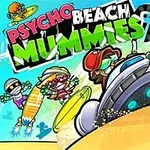 Farverige, tegneserieagtige figurer i strandtema omgiver en UFO, mens teksten Psycho Beach Mummies svæver øverst