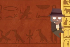 En tegneseriefigur iført hat klatrer op ad en gylden søjle med hieroglyffer, foran en rød væg dækket af gamle symboler