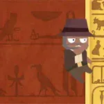 En tegneseriefigur iført hat klatrer op ad en gylden søjle med hieroglyffer, foran en rød væg dækket af gamle symboler