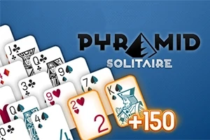 Kort stablet i en pyramideformation med teksten PYRAMID SOLITAIRE og et overlejret kort med +150 på blå baggrund