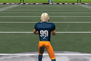 En animeret amerikansk fodboldspiller i blåt og gult tøj med nummer 99 på ryggen står på en bane