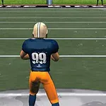 En animeret amerikansk fodboldspiller i blåt og gult tøj med nummer 99 på ryggen står på en bane