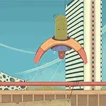 En futuristisk scene med høje bygninger i baggrunden og en orange og grøn droneformet figur svævende i luften
