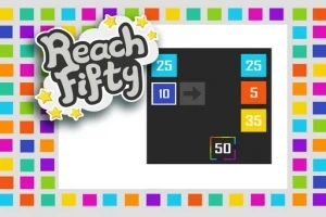 Teksten Reach Fifty omgivet af stjerner, og en farverig ramme med tal i farvede firkanter i midten