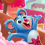 Blåt tegneserie-dyr med store øjne og åbent smil i en farverig, sukkersød fantasy-verden med slik og pastelfarver