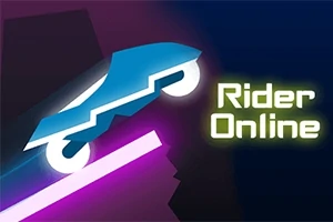 Blå futuristisk bil kører op ad en lyserød skråning med teksten Rider Online ved siden af