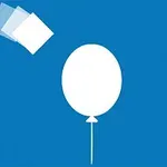 Hvid ballon på blå baggrund med tre gennemskinnelige firkanter øverst til venstre