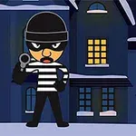 En tegneseriefigur iklædt sort-hvid-stribet trøje og sort maske står foran en mørk bygning med oplyste vinduer om natten