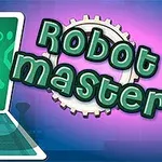 Robot med grønne øjne løber ud af en skærm ved siden af teksten Robot master foran et lilla og blåt baggrund