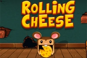 Tegnefilmagtig mus med store ører holder en ost foran et hul i væggen med teksten Rolling Cheese ovenfor