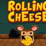 Tegnefilmagtig mus med store ører holder en ost foran et hul i væggen med teksten Rolling Cheese ovenfor