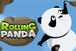 En tegnet panda klatrer mellem klipper med teksten Rolling Panda ved siden af