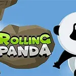 En tegnet panda klatrer mellem klipper med teksten Rolling Panda ved siden af